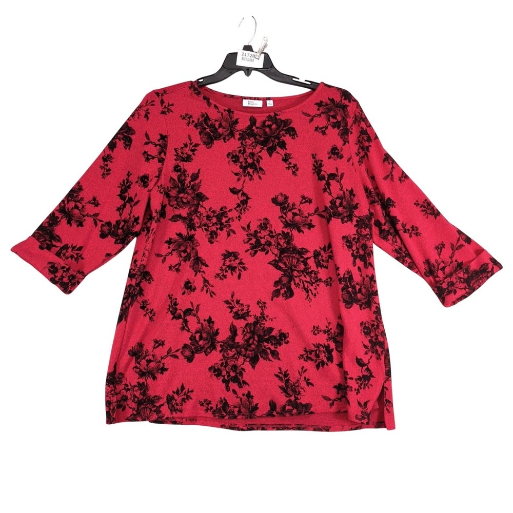 Kim Rogers Black Flocked Floral Red Knit Top Womens Plus Size 1X Academia Goth
